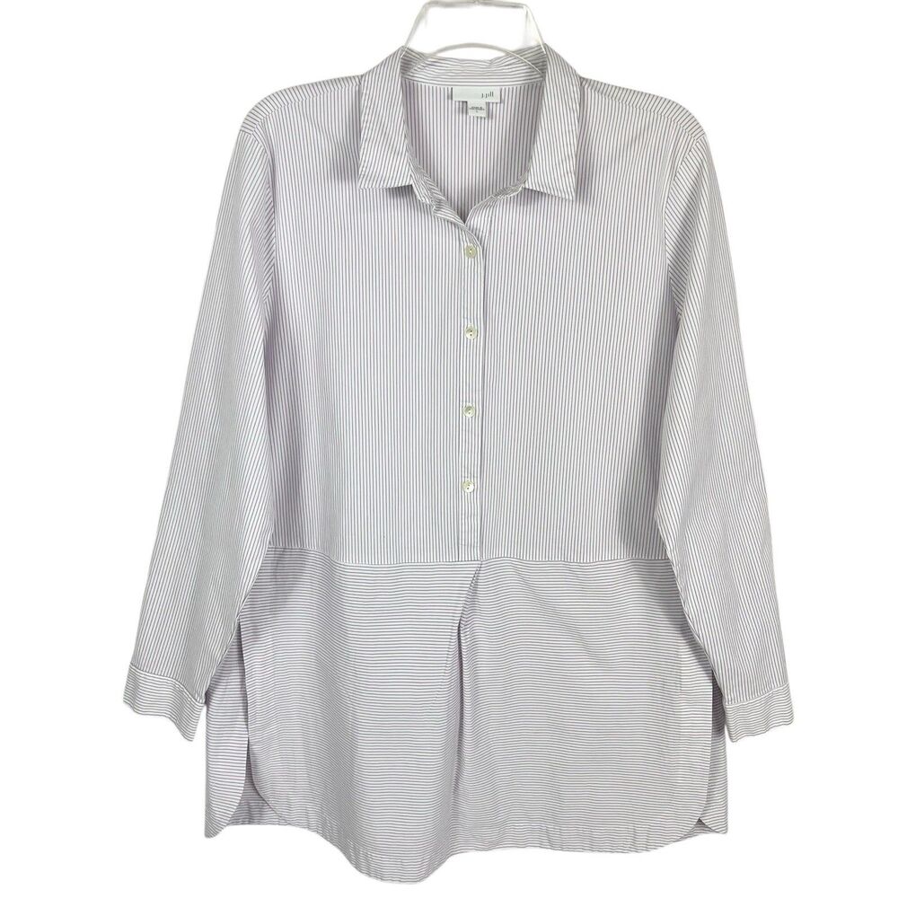 J Jill White Purple Striped 1/2 Button Long Sleeve Collared Tunic Blouse Large